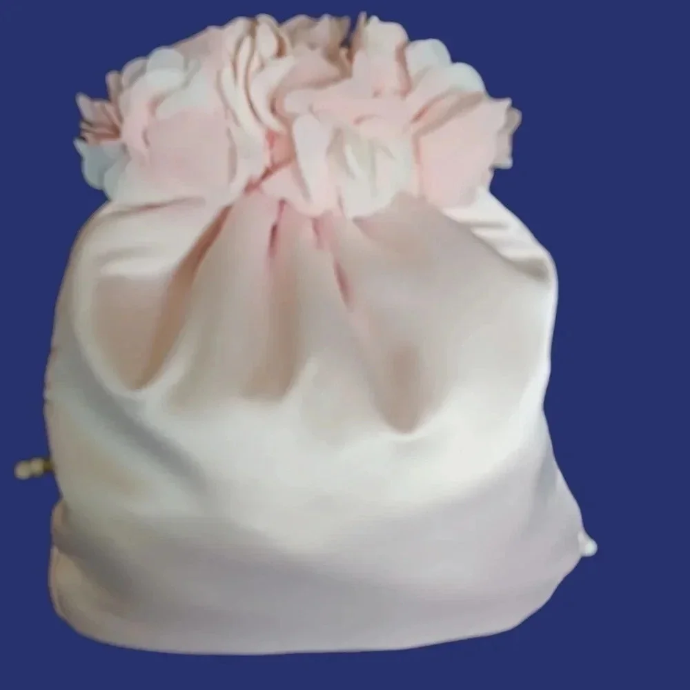 Aimer satin Dragstring Pouch Bag W/Stunning Floral Around The Top Blush Pink
